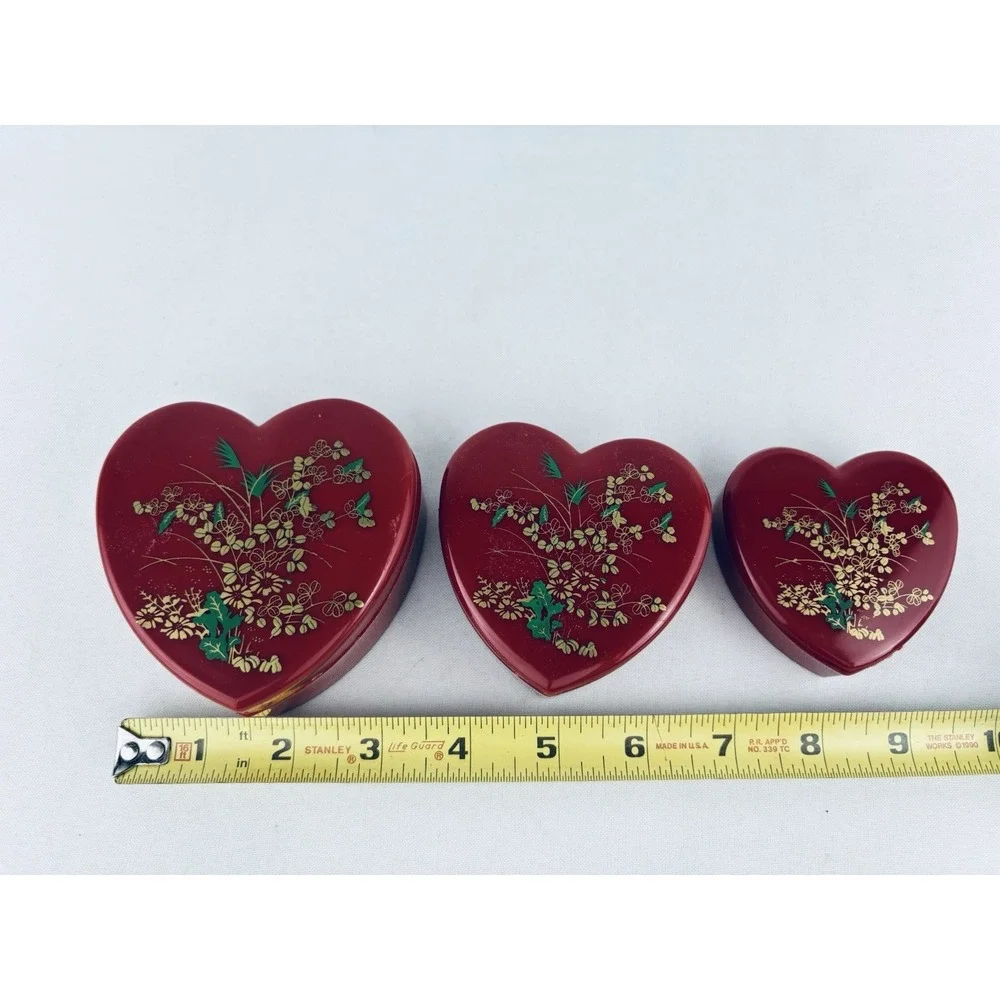 Vintage Red Nesting Heart Trinket Boxes Hong Kong - Plastic Floral Flowers Set 3